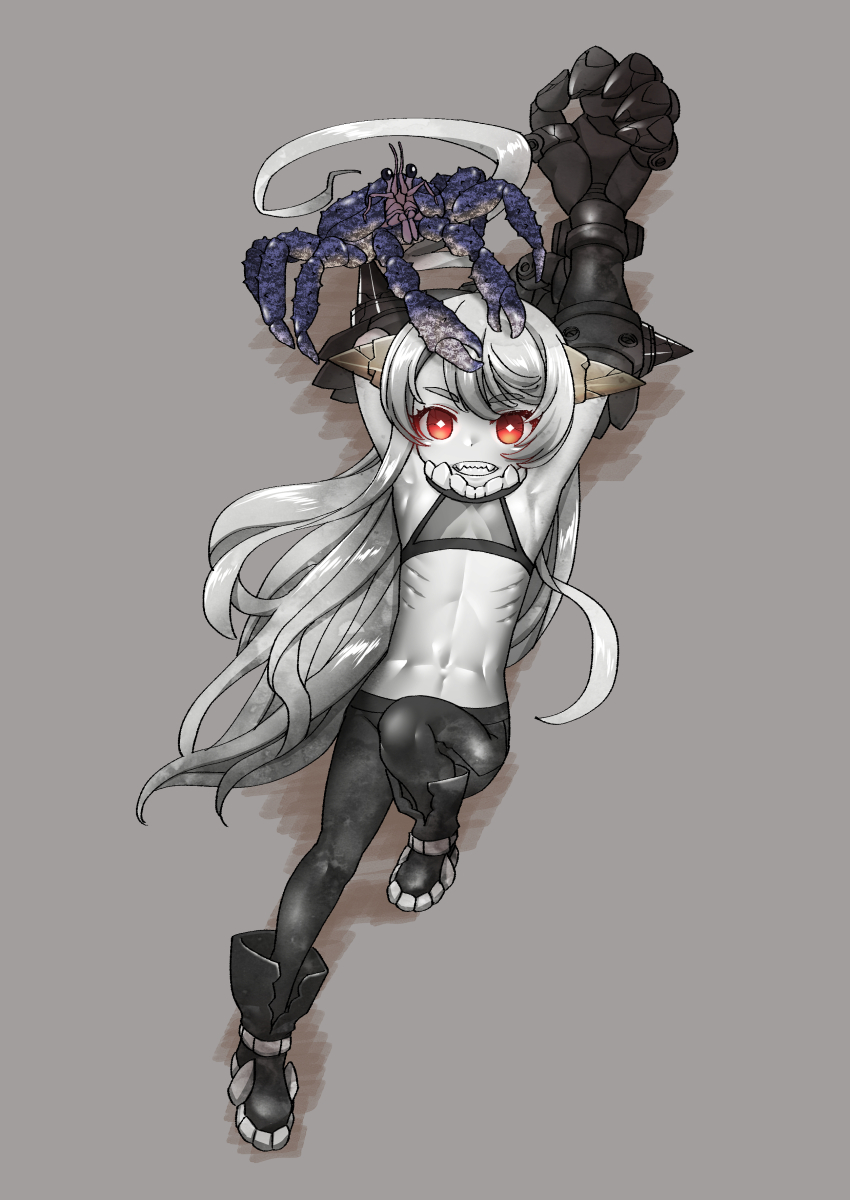 1girl, abyssal_ship, ahoge, arms_up, bangs, black_footwear, black_legwear, boots