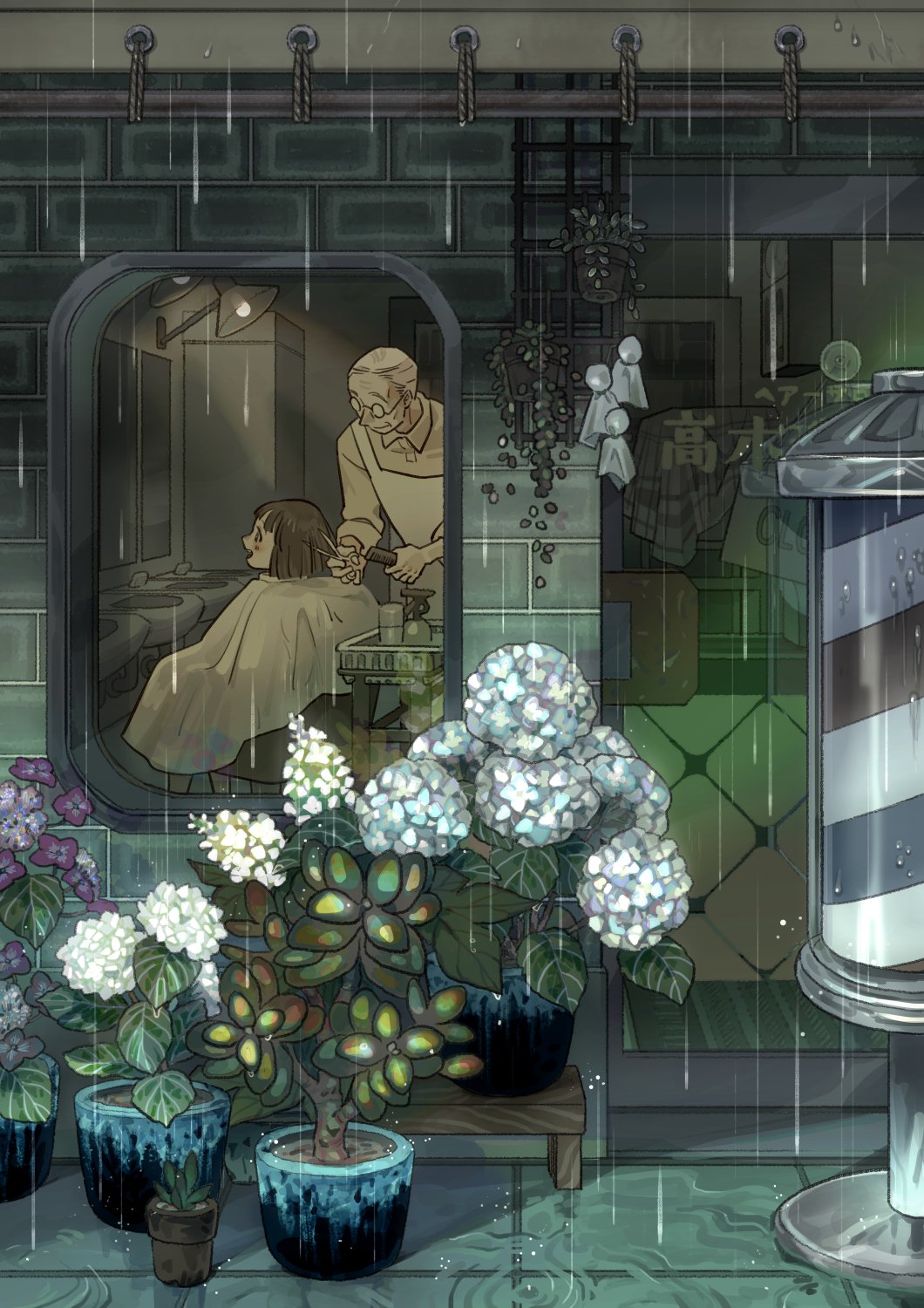 1boy, 1girl, age_difference, apron, bangs, barber, barber_pole, blunt_bangs, blush, bob_cut, bottle, brown_hair, building, clock, collared_shirt, comb, cutting_hair, door, dress_shirt, feet_out_of_frame, flower, glasses, grandfather_clock, hairdressing, highres, holding, holding_comb, holding_scissors, indoors, leaning_forward, looking_at_another, looking_at_mirror, looking_to_the_side, majo_(mazyomazyo), mature_male, mirror, open_mouth, original, plant, potted_plant, profile, rain, ripples, round_eyewear, scissors, shirt, shop, short_hair, sink, sitting, sleeves_rolled_up, smile, spray_bottle, standing, storefront, upper_body, water, water_drop, white_hair, window