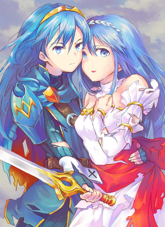 2girls, ancestor_and_descendant, arm_around_waist, armor, bangs, blue_eyes, blue_hair, caeda_(bridal)_(fire_emblem)