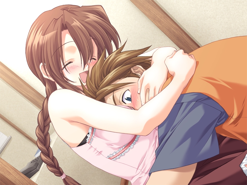 amakara_twins, blue_eyes, blush, breast_smother, brown_hair, game_cg, hug, marshmallow_hell, mitarashi_kousei, sakuragi_haruka