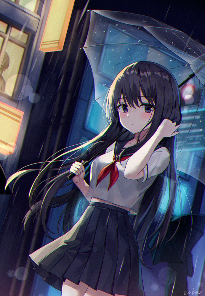 1girl, black_eyes, black_hair, black_skirt, breasts, cowboy_shot, crop_top, crop_top_overhang