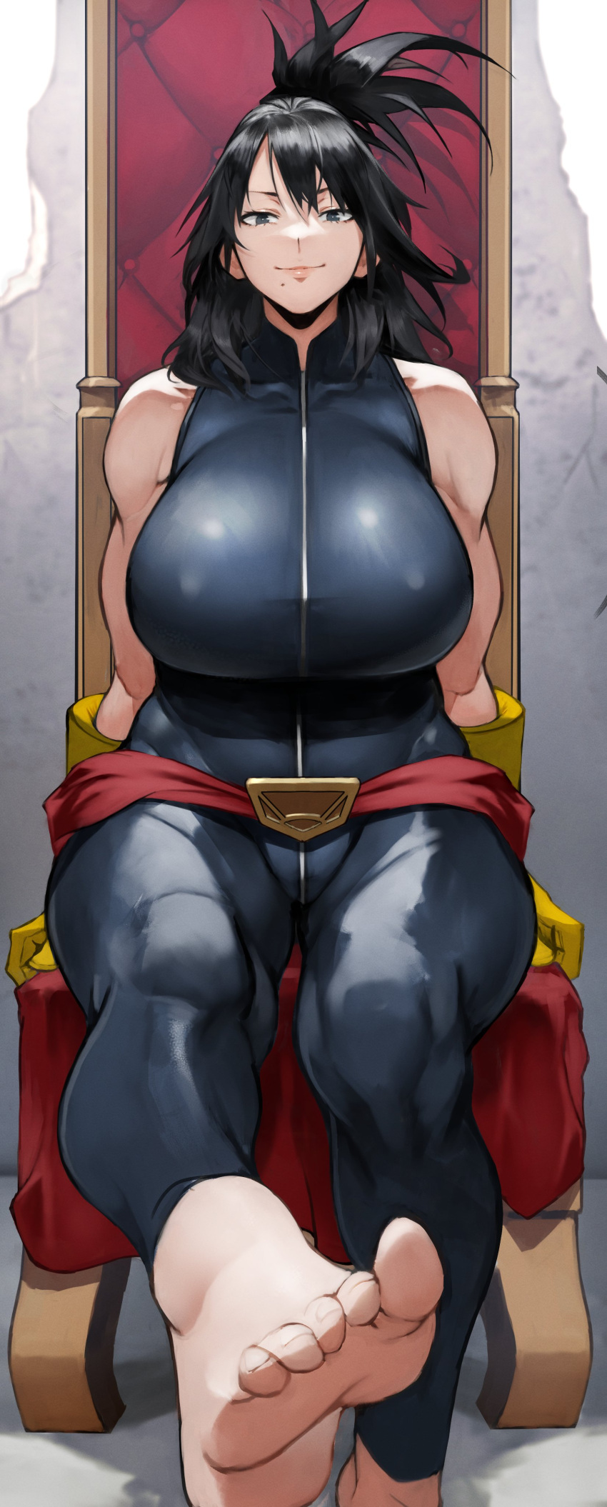 1girl, absurdres, bangs, bare_shoulders, biceps, black_hair, boku_no_hero_academia, breasts