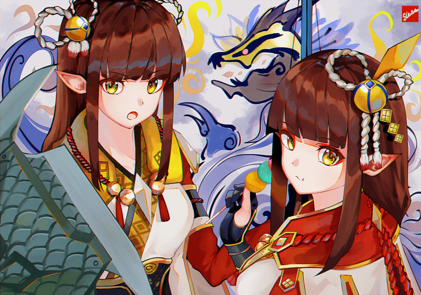 2girls, black_hair, blush, breasts, hinoa, japanese_clothes, kimono, long_hair