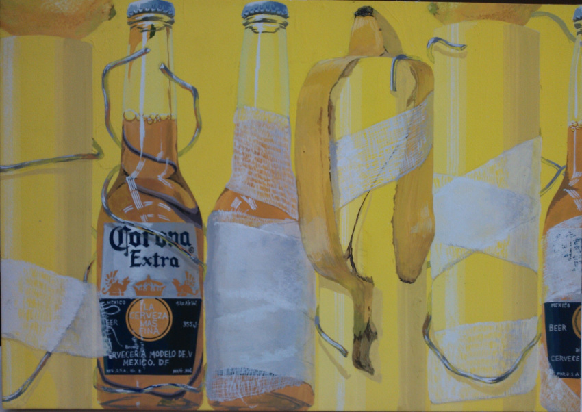 alcohol, banana_peel, bandages, beer, beer_bottle, bottle, bottle_cap, corona_(brand), food, fruit, glass_bottle, highres, lemon, metal_wire, no_humans, osumared, reflection, simple_background, spanish_text, still_life, wire, yellow_background