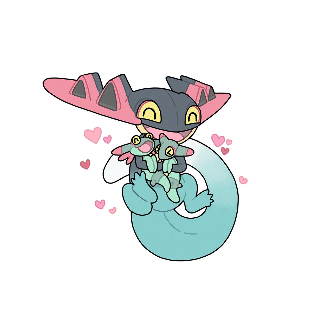 >_<, commentary, dragapult, dreepy, gen_8_pokemon, happy, heart, highres, holding, holding_pokemon, no_humans, open_mouth, pokemon, pokemon_(creature), roselph, smile, tongue, white_background, |d