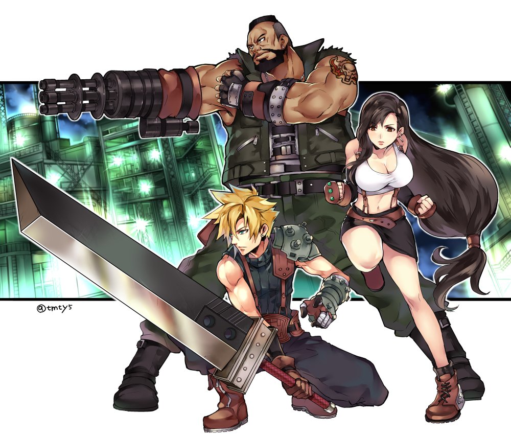 1girl, 2boys, arm_cannon, barret_wallace, beard, black_hair, black_skirt, blonde_hair