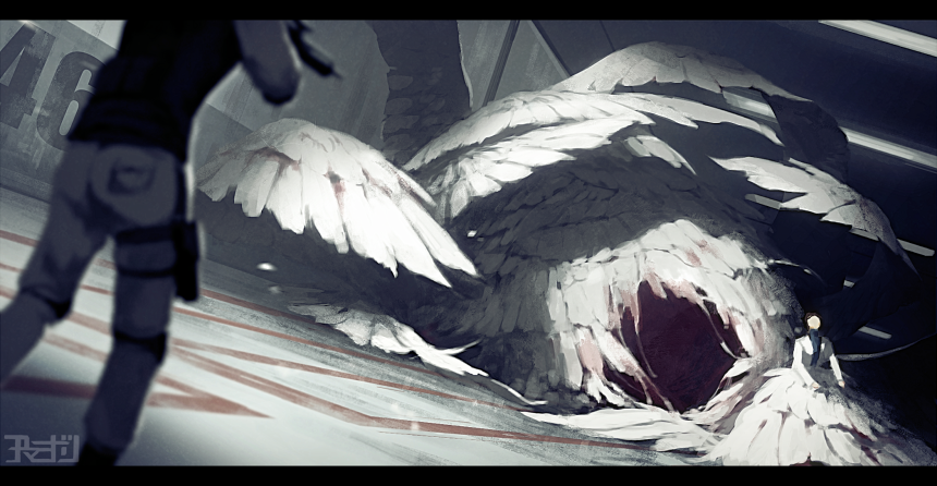2boys, amamidori, angel, angel_wings, blood, coat, feathered_wings, feathers, gun, holding, holding_weapon, labcoat, mecha_musume, multiple_boys, opening, pulled_by_another, room, scp-469, scp_foundation, too_many, weapon, wings