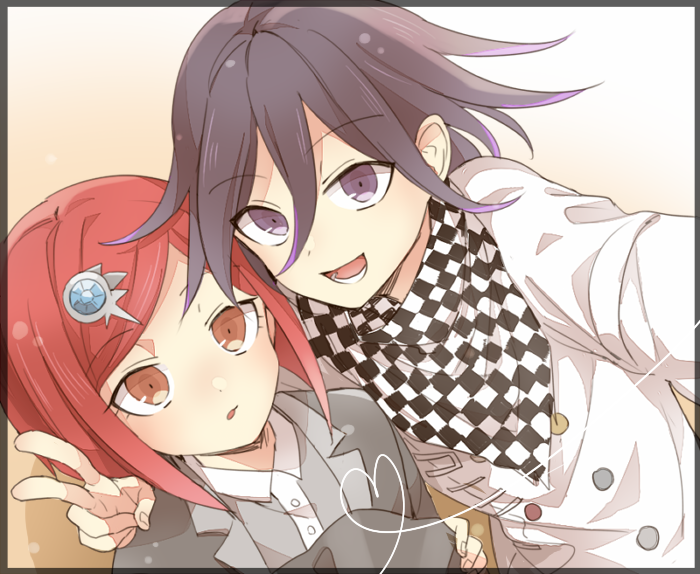 1boy, 1girl, :d, :o, bangs, black_hair, black_jacket, border