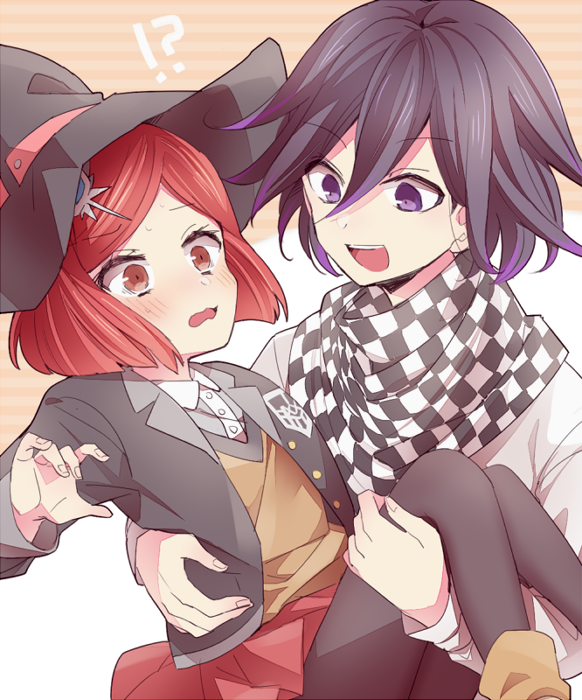 !?, 1boy, 1girl, :d, bangs, black_hair, black_headwear, black_jacket