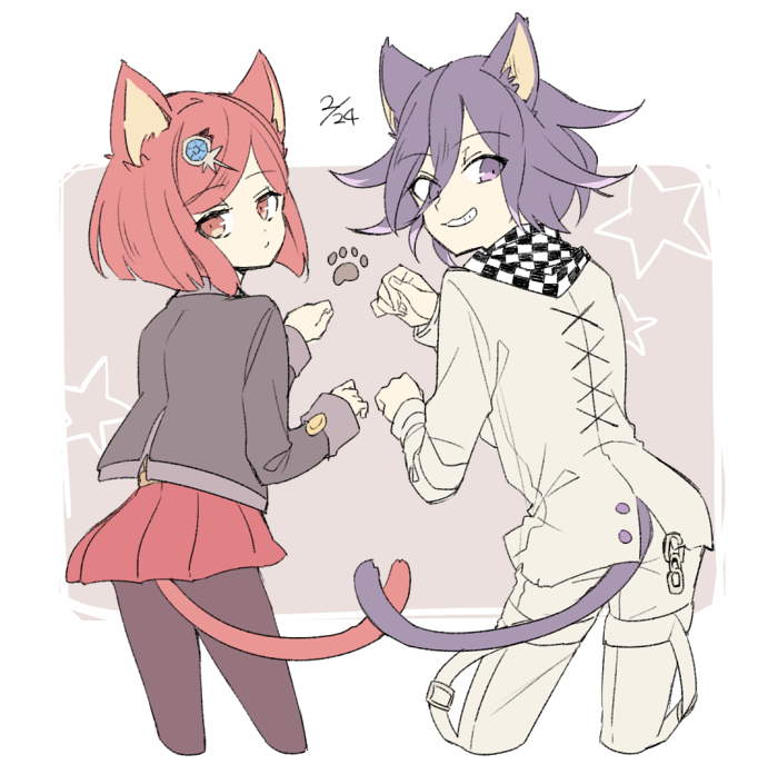 animal_ears, bangs, black_jacket, black_legwear, cat_boy, cat_ears, cat_girl, cat_tail