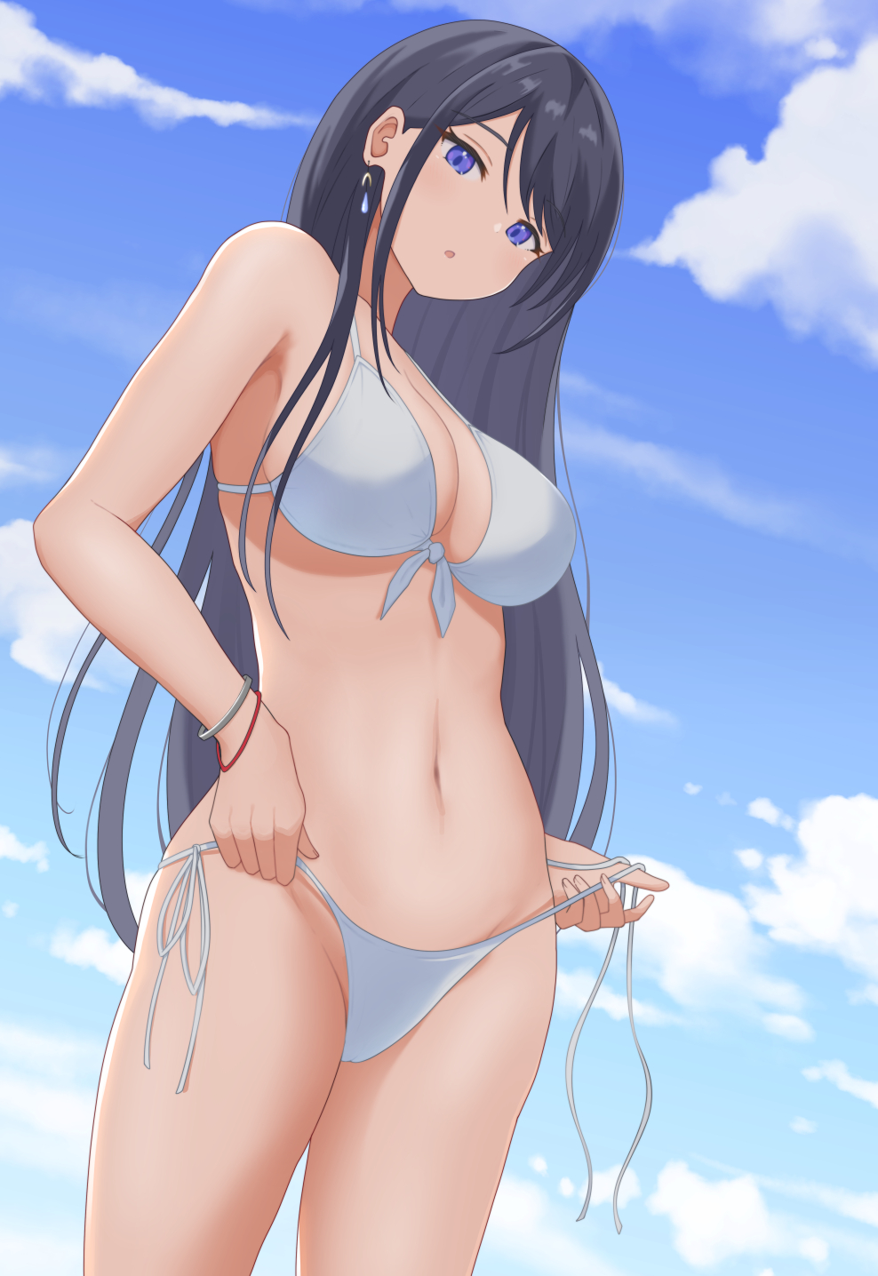 1girl, :o, bangs, bikini, black_hair, bracelet, breasts, cowboy_shot