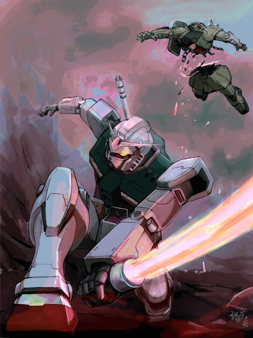 gundam, highres, holding, holding_sword, holding_weapon, kneeling, looking_down, looking_up