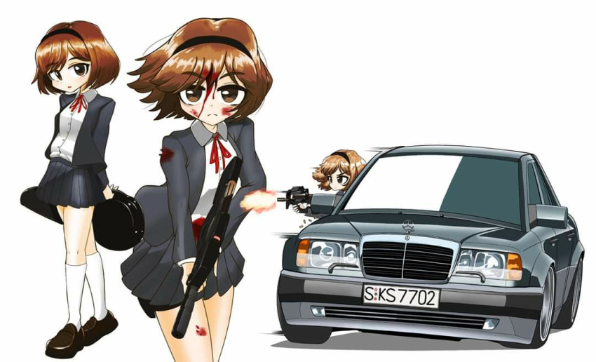 1girl, blood, blood_on_face, bloody_clothes, brown_eyes, brown_hair, bullpup, car
