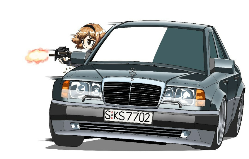 1girl, brown_eyes, brown_hair, bullpup, car, drifting, firing, fn_herstal