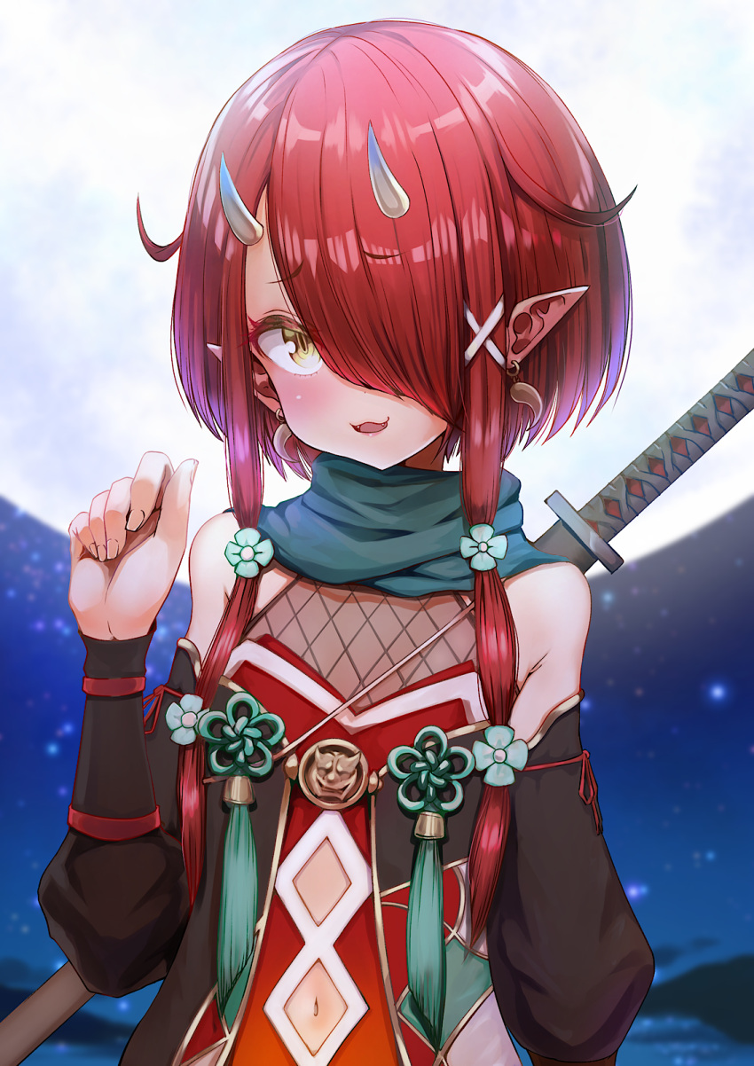 1girl, :3, arm_guards, bangs, bare_shoulders, black_sleeves, blue_scarf, clothing_cutout