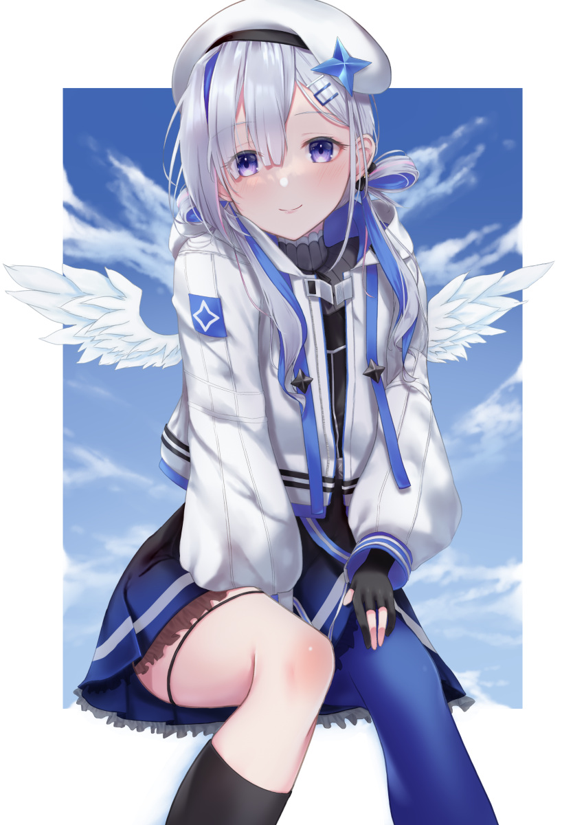1girl, absurdres, amane_kanata, angel, angel_wings, asymmetrical_bangs, asymmetrical_hair, asymmetrical_legwear