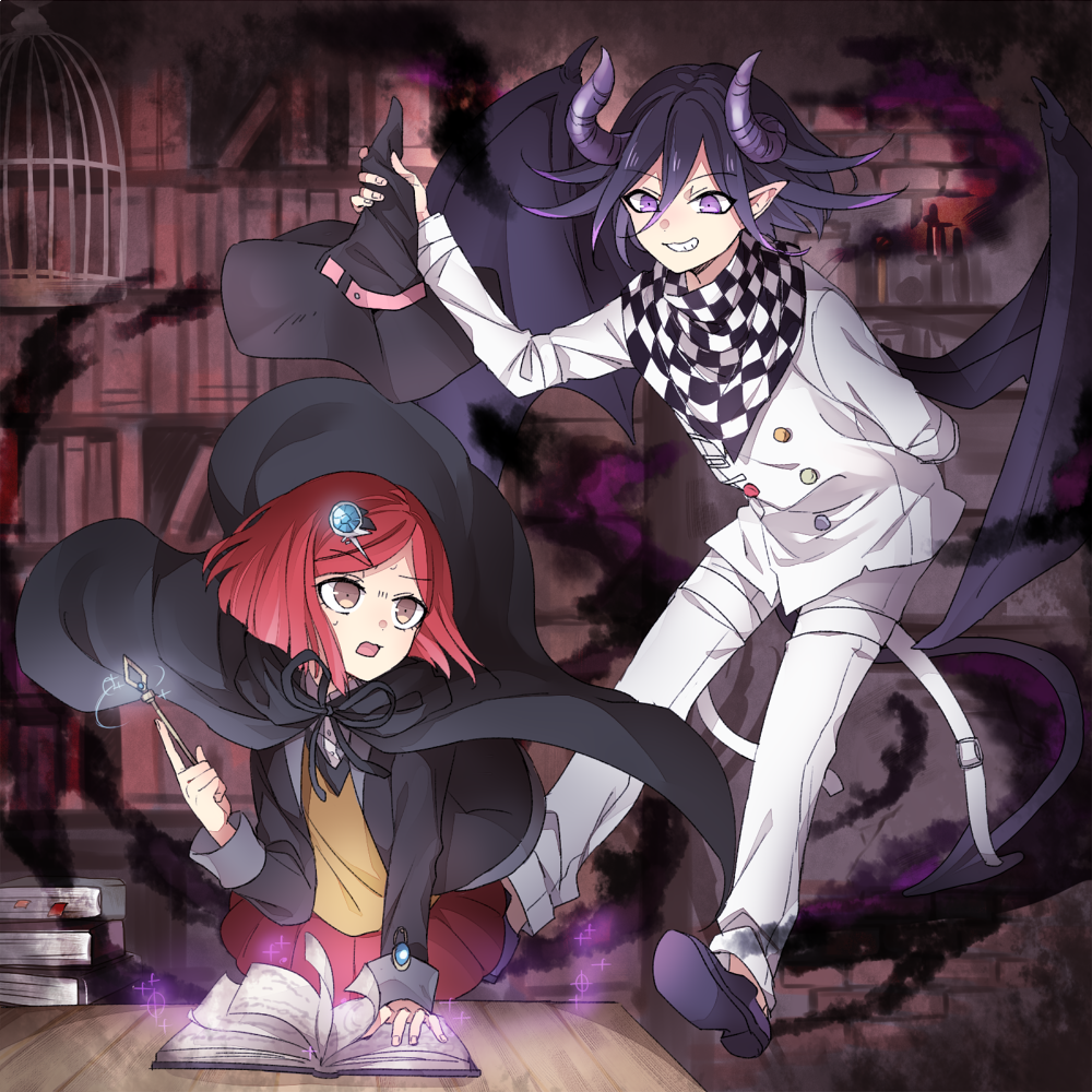 1boy, 1girl, arm_behind_back, bangs, black_cape, black_headwear, black_ribbon, book