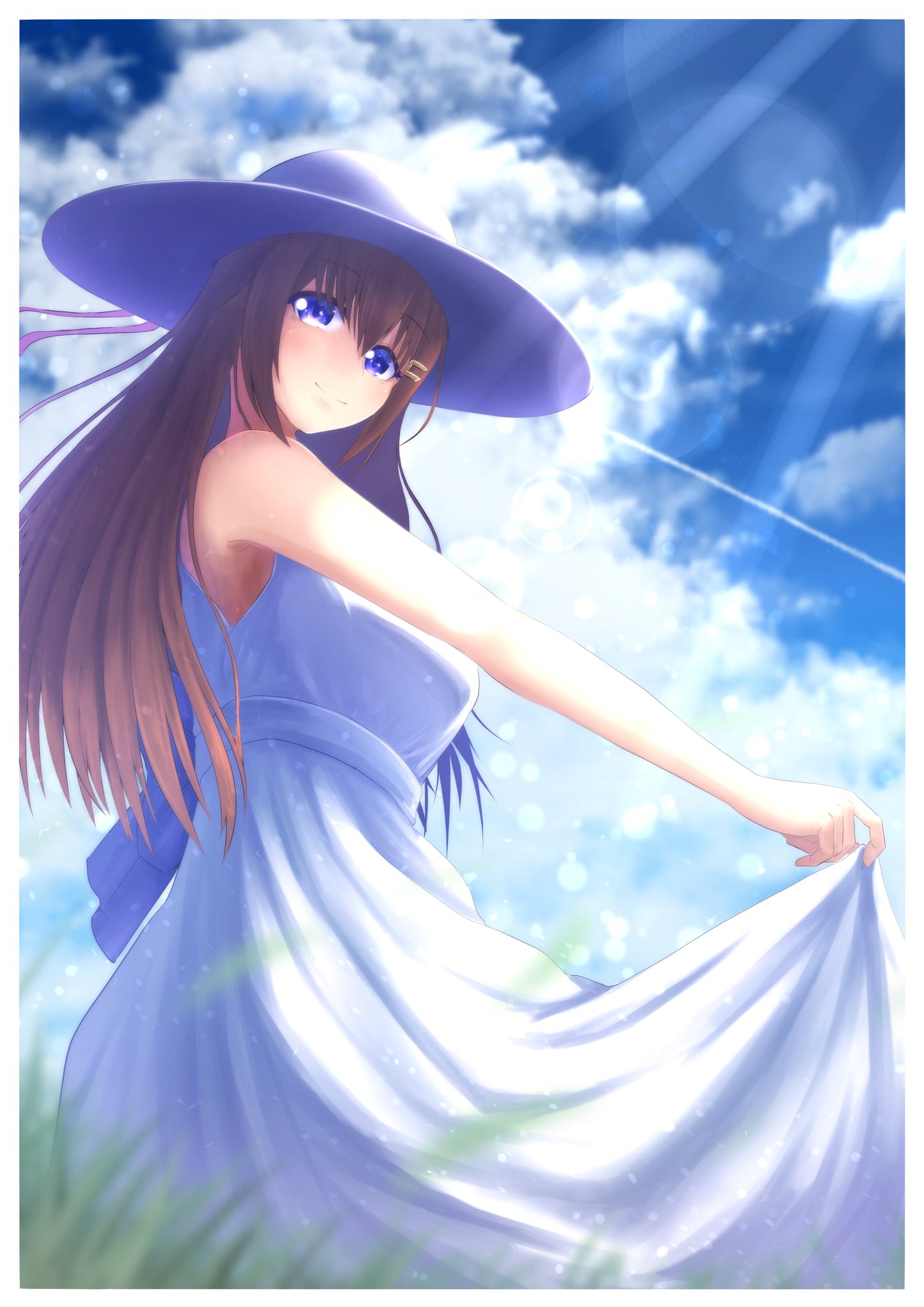 1girl, bangs, breasts, clouds, dress, eyebrows_visible_through_hair, from_side, grass