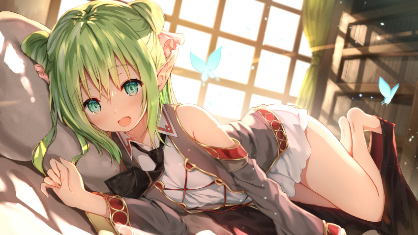 1girl, :d, aqua_eyes, bare_legs, barefoot, black_neckwear, bookshelf, bug