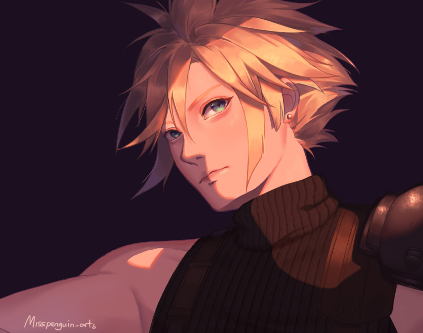 1boy, armor, artist_name, black_sweater, blonde_hair, blue_eyes, cloud_strife, english_commentary