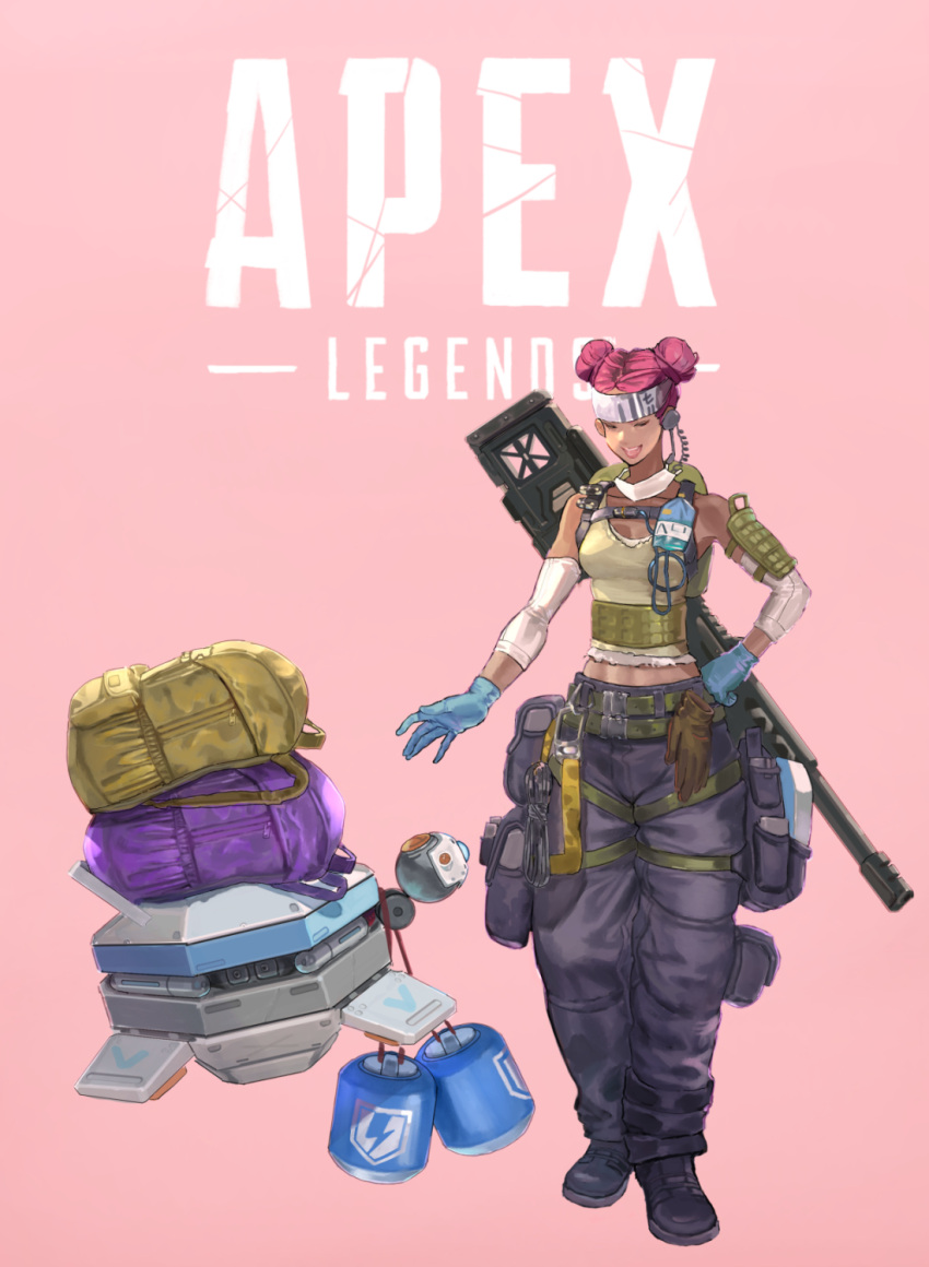 1girl, apex_legends, backpack, bag, beige_tank_top, black_footwear, black_pants, blue_gloves