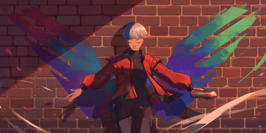 1girl, apex_legends, artist_name, bangs, black_bodysuit, bodysuit, brick_wall, closed_eyes