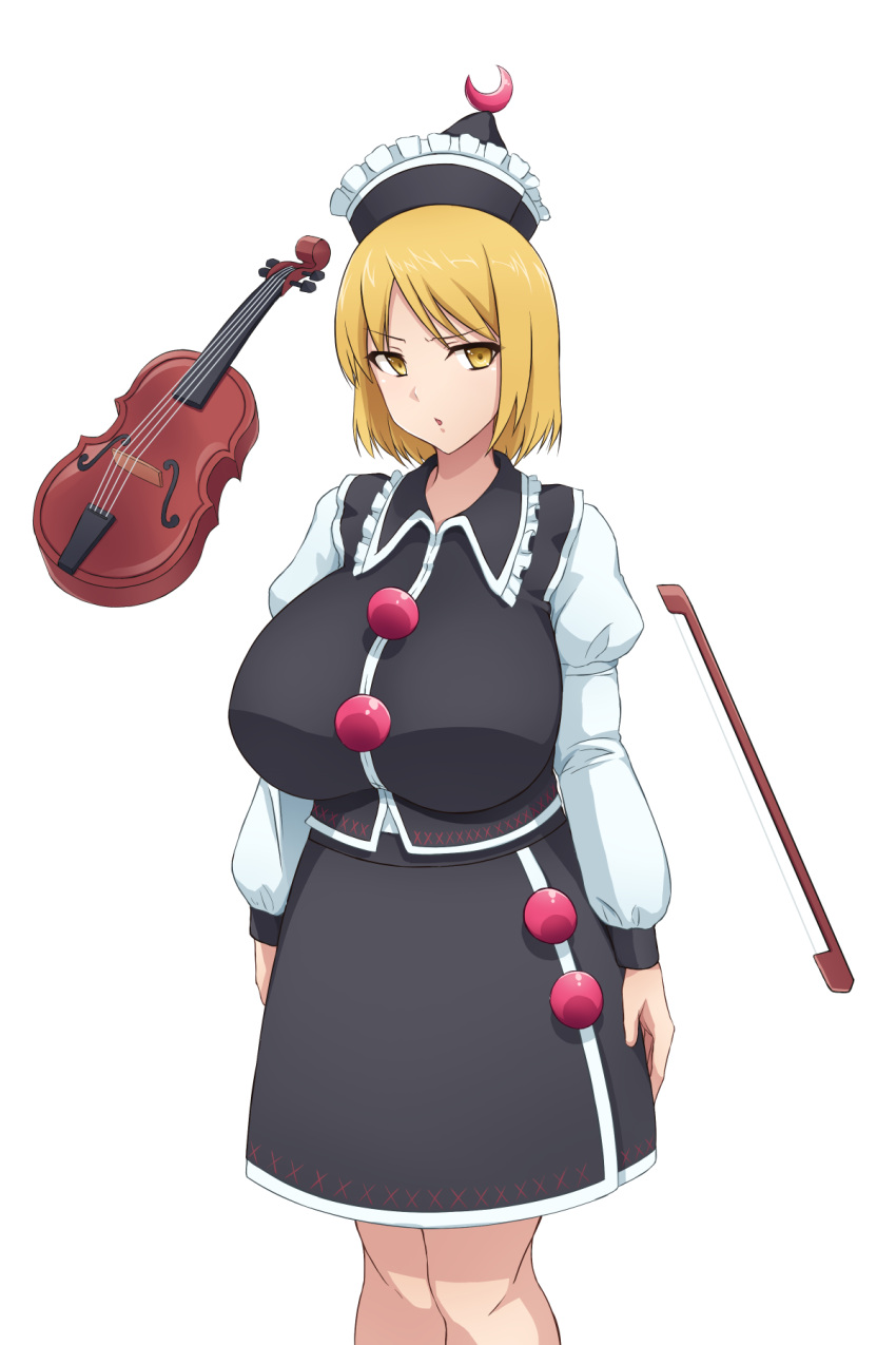 1girl, black_headwear, black_skirt, black_vest, blonde_hair, bow_(instrument), breasts, buttons, crescent, disgust, hat, highres, instrument, kakikorori, large_breasts, lunasa_prismriver, medium_skirt, puffy_sleeves, red_button, shirt, skirt, touhou, vest, violin, white_shirt, yellow_eyes