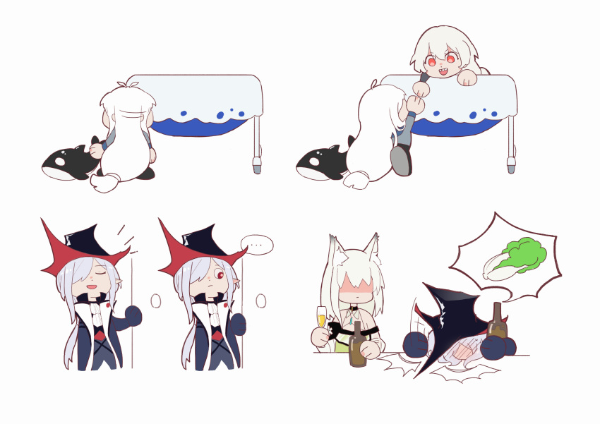 ..., 4girls, absurdres, alcohol, animal_ear_fluff, arknights, black_coat, black_headwear, bottle, braid, coat, cup, dress, drinking_glass, eden_(shengaoneng), food, gladiia_(arknights), green_dress, hat, highres, holding, holding_bottle, holding_cup, holding_stuffed_toy, kal'tsit_(arknights), long_hair, low-tied_long_hair, lynx_ears, multiple_girls, pointy_ears, red_eyes, silver_hair, single_braid, skadi_(arknights), specter_(arknights), speech_bubble, stuffed_orca, stuffed_toy, vegetable, white_background, white_hair, white_neckwear, younger