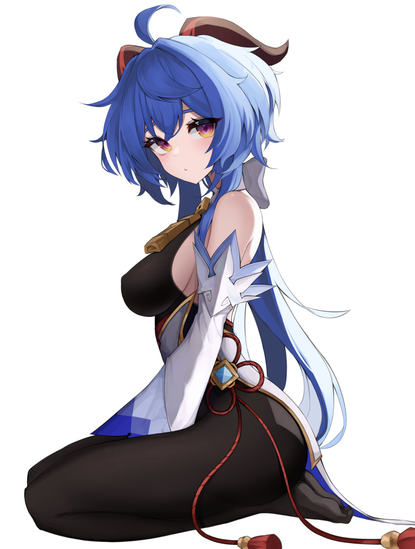 1girl, bare_shoulders, bell, black_bodysuit, black_legwear, blue_hair, bodysuit, breasts