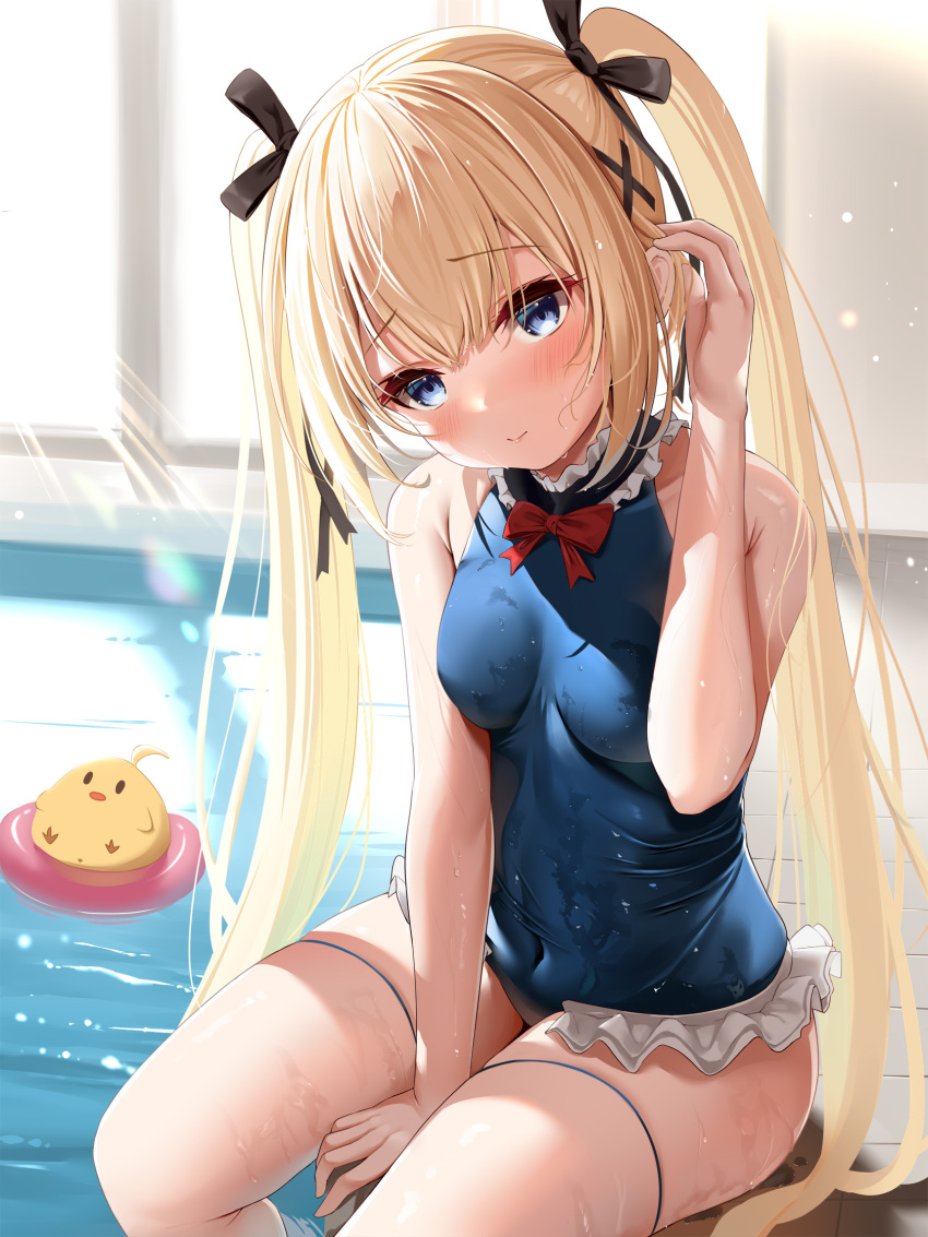 1girl, azur_lane, bangs, bare_arms, bare_shoulders, black_ribbon, blonde_hair, blue_eyes