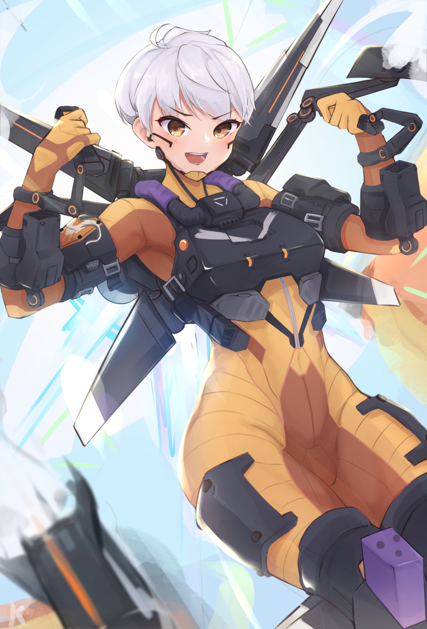1girl, absurdres, apex_legends, blush, bodysuit, brown_eyes, clenched_hands, covered_navel