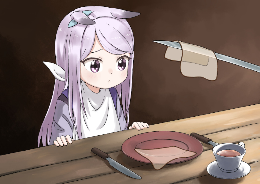 :<, absurdres, bib, blue_bow, blush, bow, bread_slice, closed_mouth, cup, derivative_work, disney, dot_nose, ears_down, grey_shirt, hair_bow, highres, knife, long_hair, mejiro_mcqueen_(umamusume), mickey_and_the_beanstalk, parody, plate, purple_hair, purple_sailor_collar, sad, sailor_collar, school_uniform, screencap_redraw, serafuku, shirt, teacup, tsuchihira_yuno, umamusume, violet_eyes