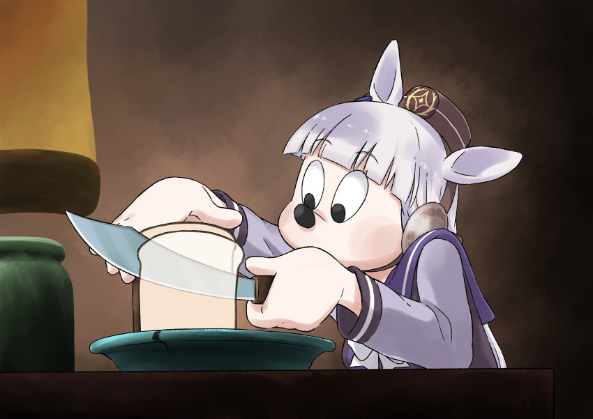 1girl, absurdres, animal_ears, bangs, black_eyes, blunt_bangs, bread, bread_slice