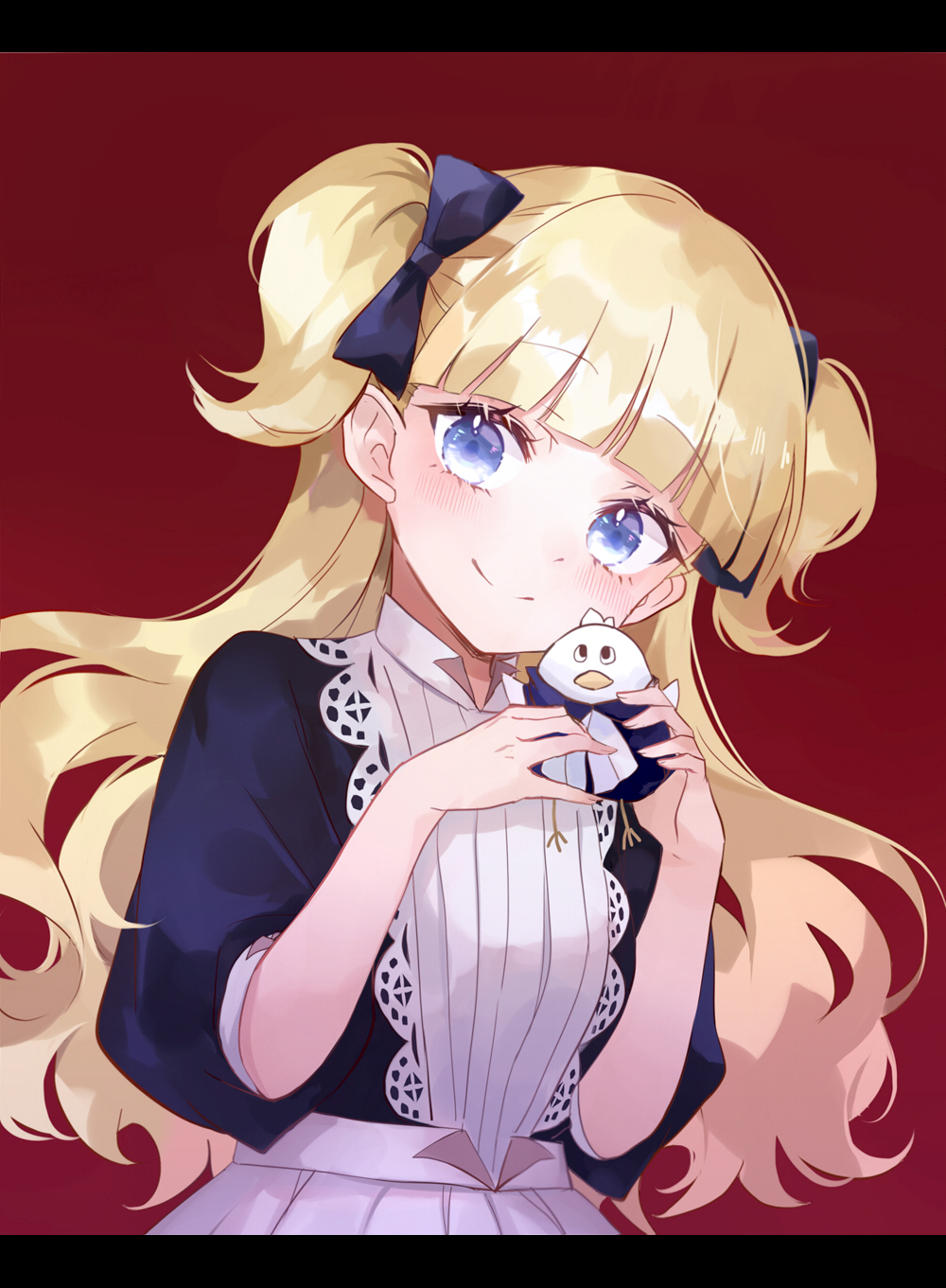1girl, bangs, blonde_hair, blue_eyes, blunt_bangs, blush, bow, closed_mouth