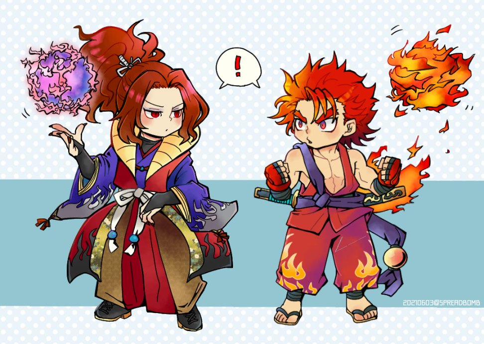 !, 2boys, amakusa_shirou_tokisada, bangs, black_footwear, clenched_hands, fingerless_gloves, fire, flame_print, full_body, gloves, hirano_(spreadbomb), japanese_clothes, kazama_kazuki, long_hair, long_sleeves, looking_at_another, male_focus, multiple_boys, pants, pectorals, polka_dot, polka_dot_background, ponytail, pyrokinesis, red_eyes, red_gloves, red_nails, red_pants, redhead, samurai_spirits, sandals, sheath, sheathed, short_hair, sleeveless, spoken_exclamation_mark, standing, sword, thick_eyebrows, v-shaped_eyebrows, weapon, wide_sleeves