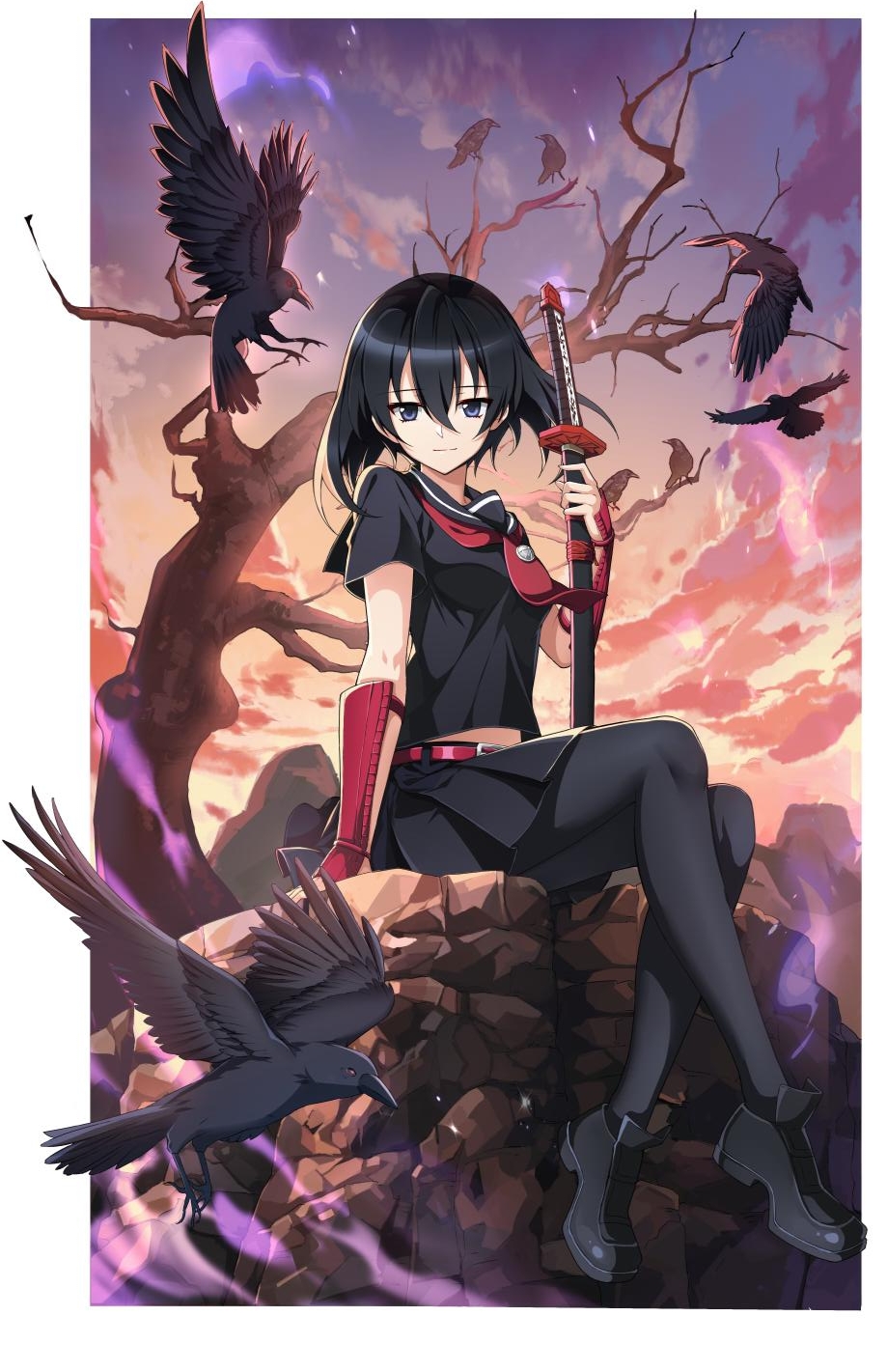1girl, akame_ga_kill!, bangs, bare_tree, bird, black_footwear, black_hair, black_legwear