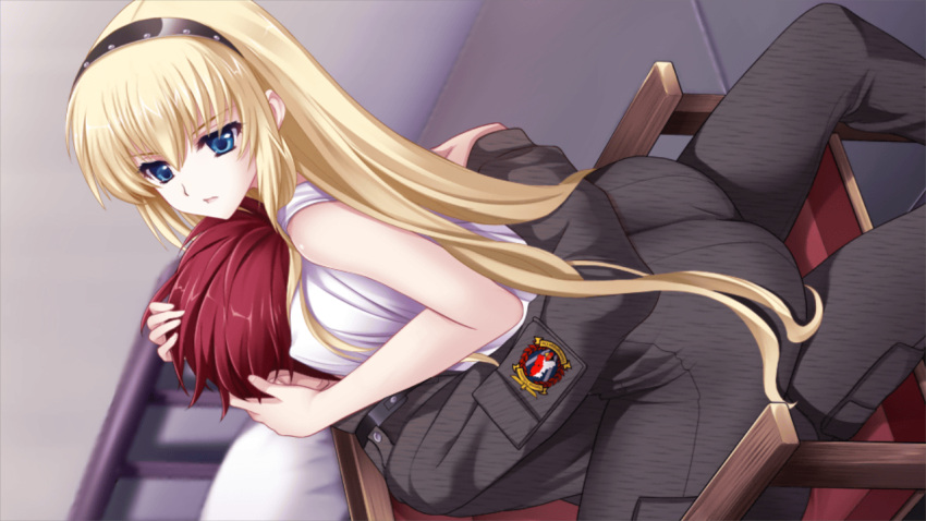 1boy, 1girl, bangs, black_hairband, blonde_hair, blue_eyes, breast_press, breasts