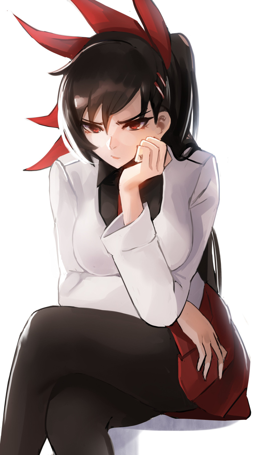1girl, absurdres, bangs, black_hair, black_legwear, black_shirt, collared_shirt, crossed_legs, ha_yuri_zahard, hair_behind_ear, hair_ornament, hairclip, hand_on_own_cheek, hand_on_own_face, highres, jacket, leaning_forward, long_hair, miniskirt, pantyhose, pleated_skirt, red_eyes, red_neckwear, red_skirt, shirt, single_sidelock, sitting, skirt, tommy_(kingdukeee), tower_of_god, white_jacket