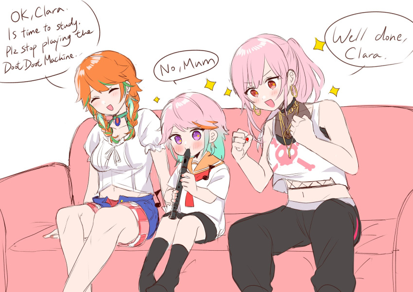 3girls, child, clara_mori, couple, crop_top, earrings, eyebrows_visible_through_hair, family