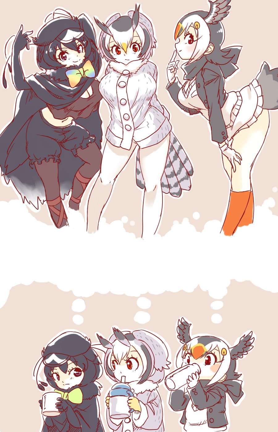 3girls, adapted_costume, atlantic_puffin_(kemono_friends), bird_girl, bird_tail, bird_wings, black_fur, black_headwear