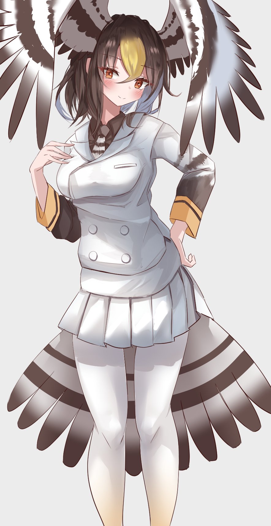 1girl, bird_girl, bird_tail, bird_wings, blonde_hair, blush, brown_eyes, brown_hair