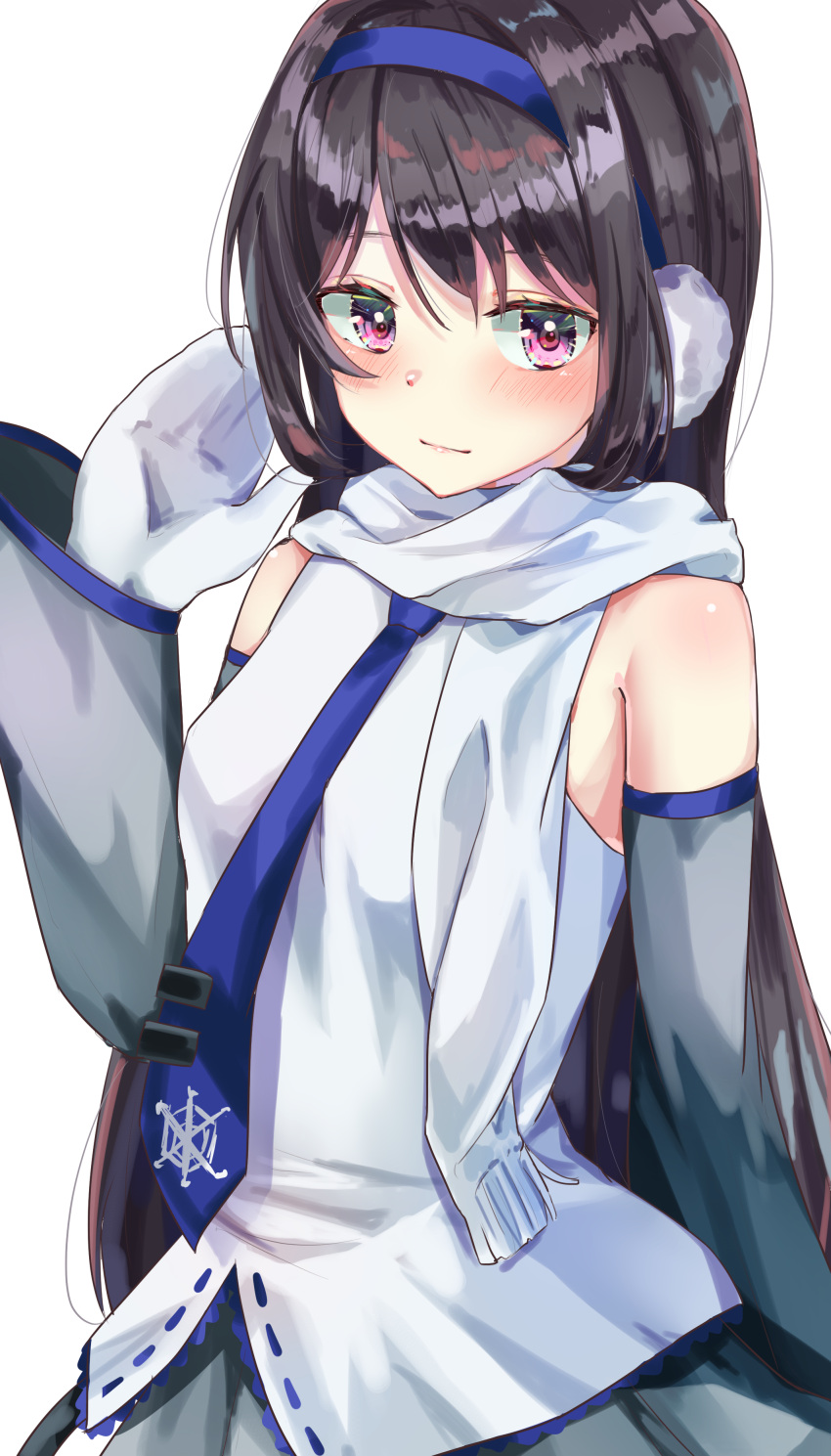 1girl, absurdres, akemi_homura, black_hair, cosplay, earmuffs, hairband, hatsune_miku