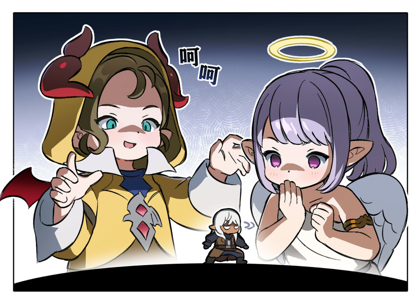 2girls, angel_and_devil, angel_wings, blue_eyes, chibi, covering_mouth, demon_horns, demon_wings