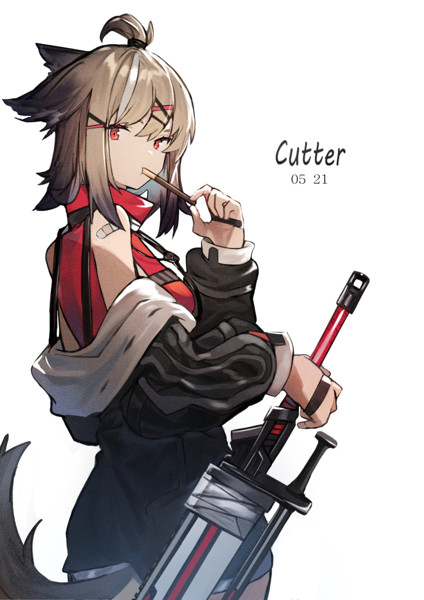 1girl, animal_ears, arknights, artist_request, bandaid, bangs, black_jacket, black_shorts