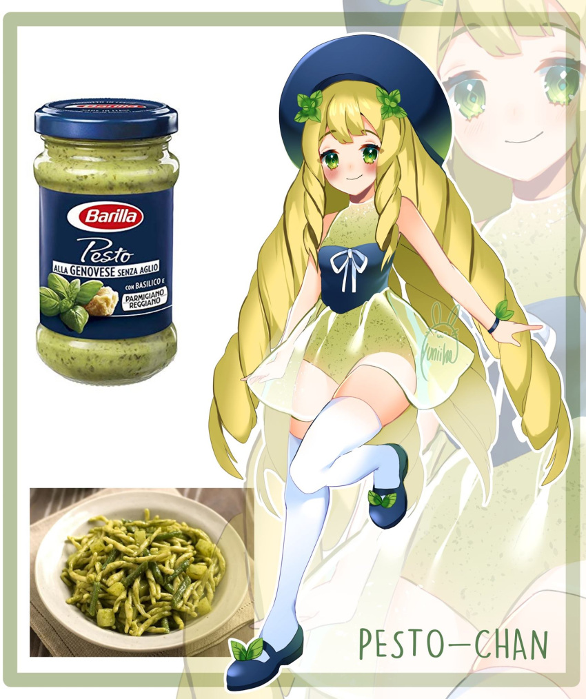 barilla, blue_headwear, blush, bracelet, drill_hair, food, green_eyes, green_leotard, highres, jewelry, leaf, leaf_in_hair, leaf_ornament, leotard, long_hair, looking_at_viewer, original, pasta, personification, pesto, plate, real_life_insert, ribbon, see-through, signature, smile, thigh-highs, trofie_(pasta), very_long_hair, white_legwear, white_ribbon, yuniiho