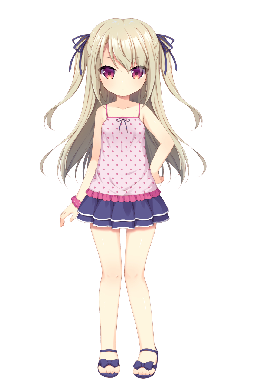 1girl, :<, aoi_aruma, blue_footwear, blue_skirt, bracelet, brown_hair, camisole, child, collarbone, feet, full_body, hair_ribbon, hand_on_hip, highres, jewelry, long_hair, looking_at_viewer, miniskirt, no_legwear, original, pink_camisole, polka_dot_camisole, red_eyes, ribbon, sandals, simple_background, skirt, solo, standing, toes, two_side_up, white_background