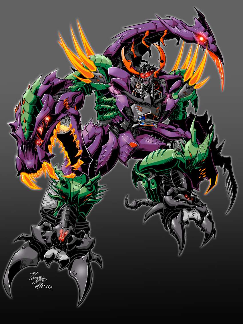 1boy, absurdres, claws, decepticon, glowing, glowing_eyes, gradient, gradient_background