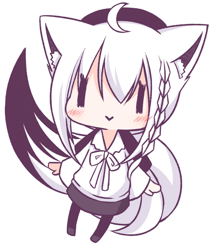 1girl, :>, animal_ear_fluff, animal_ears, bangs, beret, black_headwear, black_legwear, black_skirt, blush, braid, chibi, commentary_request, fox_ears, fox_girl, fox_tail, hair_between_eyes, hat, highres, hololive, kurasesu, long_hair, long_sleeves, looking_at_viewer, pantyhose, shirakami_fubuki, shirt, sidelocks, simple_background, single_braid, skirt, solo, tail, virtual_youtuber, white_background, white_hair, white_shirt, |_|