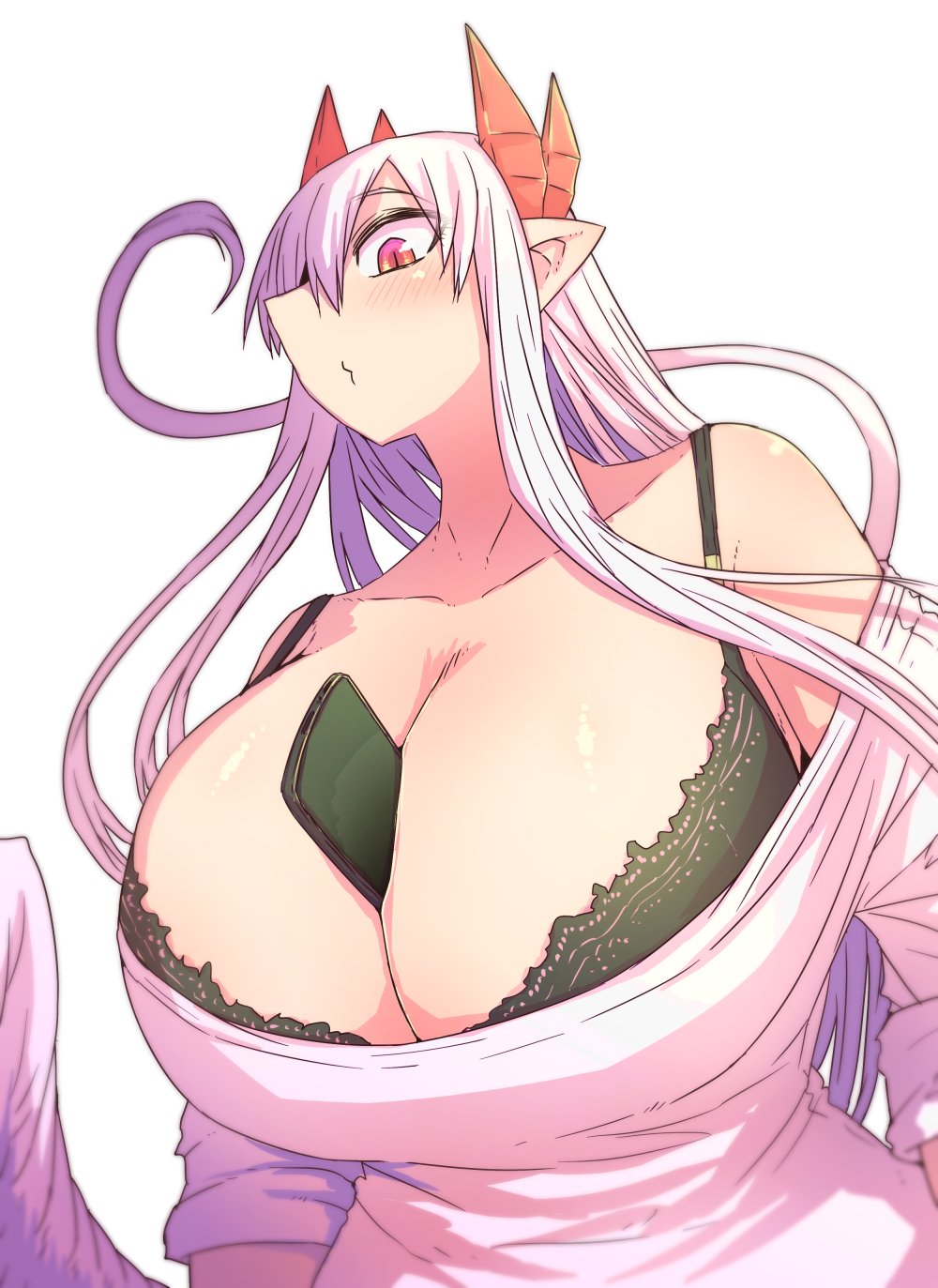 1girl, between_breasts, black_bra, bra, breasts, cellphone, demon_girl, demon_horns