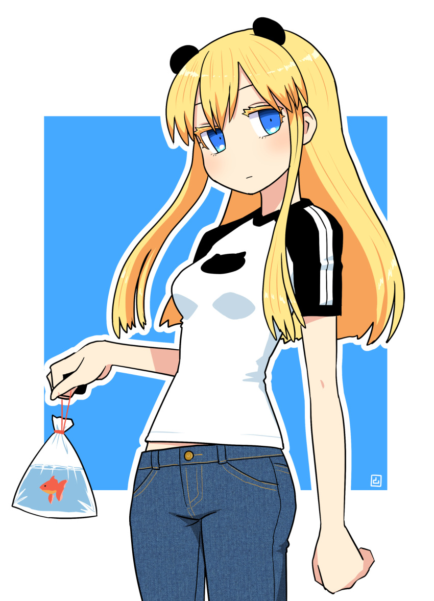 1girl, animal, animal_ears, bag, bagged_fish, blonde_hair, blue_background, blue_eyes